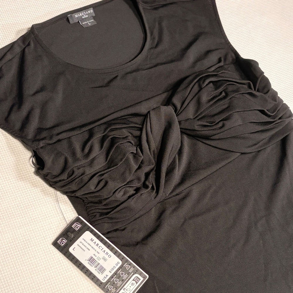 Marciano by Guess Amelia Crew Neck SL Top Jet Black Twisted Knot Ruched NWT L - Picture 3 of 7